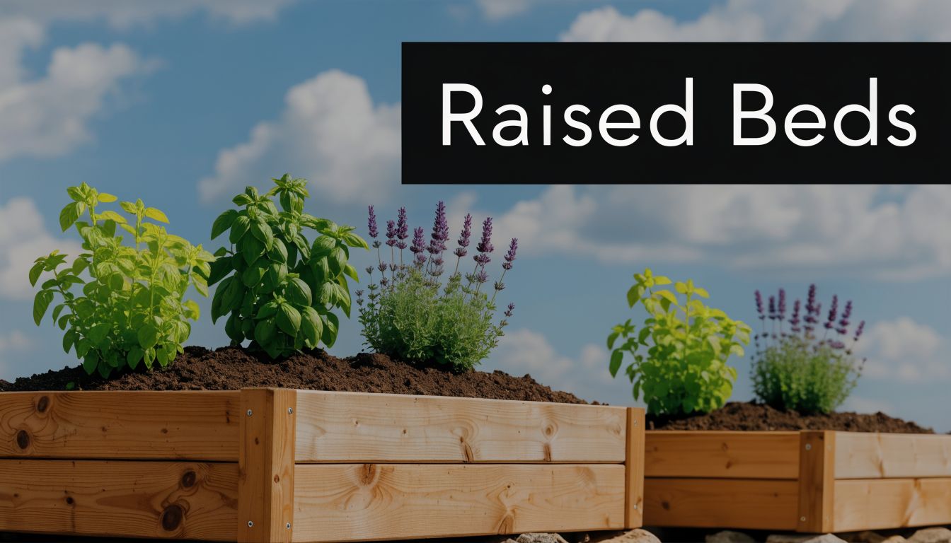 A close-up view of wooden raised beds filled with soil, containing fresh basil plants and purple lavender flowers.