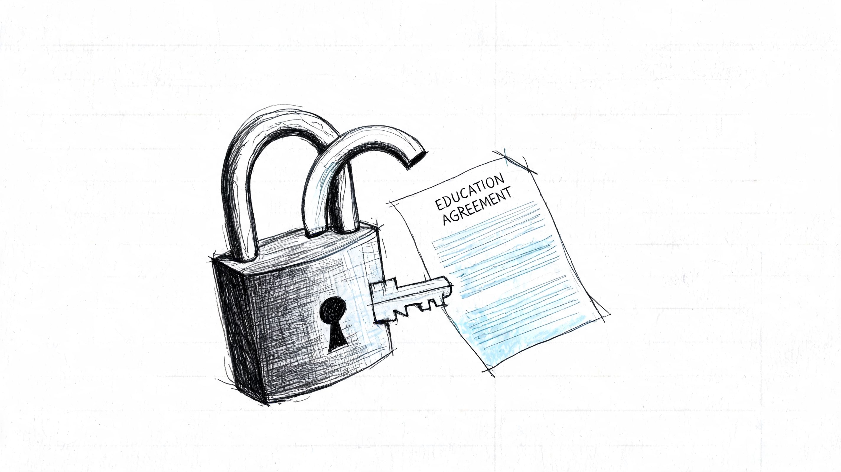 A pencil sketch of an unlocked padlock and a key placed next to an education agreement document.
