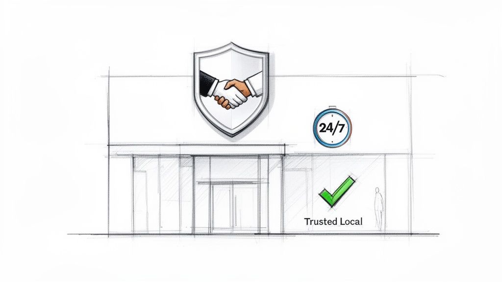 A sketch of a business building with icons signifying trusted local service, 24/7 availability, and security.