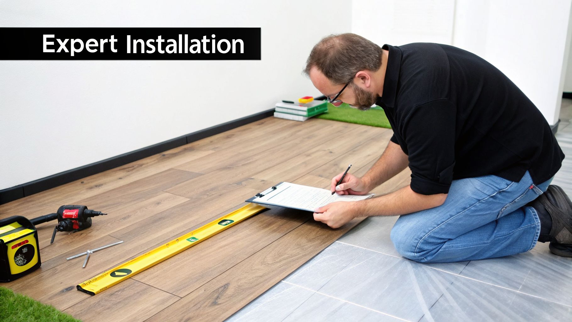 A man kneels, writing on a clipboard during engineered hardwood floor installation.