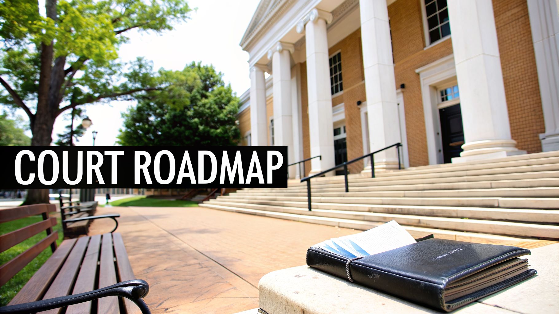 A grand courthouse building with pillars and steps, a book open on a ledge, and a 'COURT ROADMAP' banner.