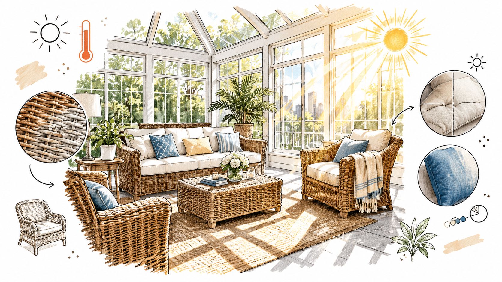 A cozy sunroom interior featuring wicker furniture with weather-resistant cushions bathed in warm, bright natural sunlight.