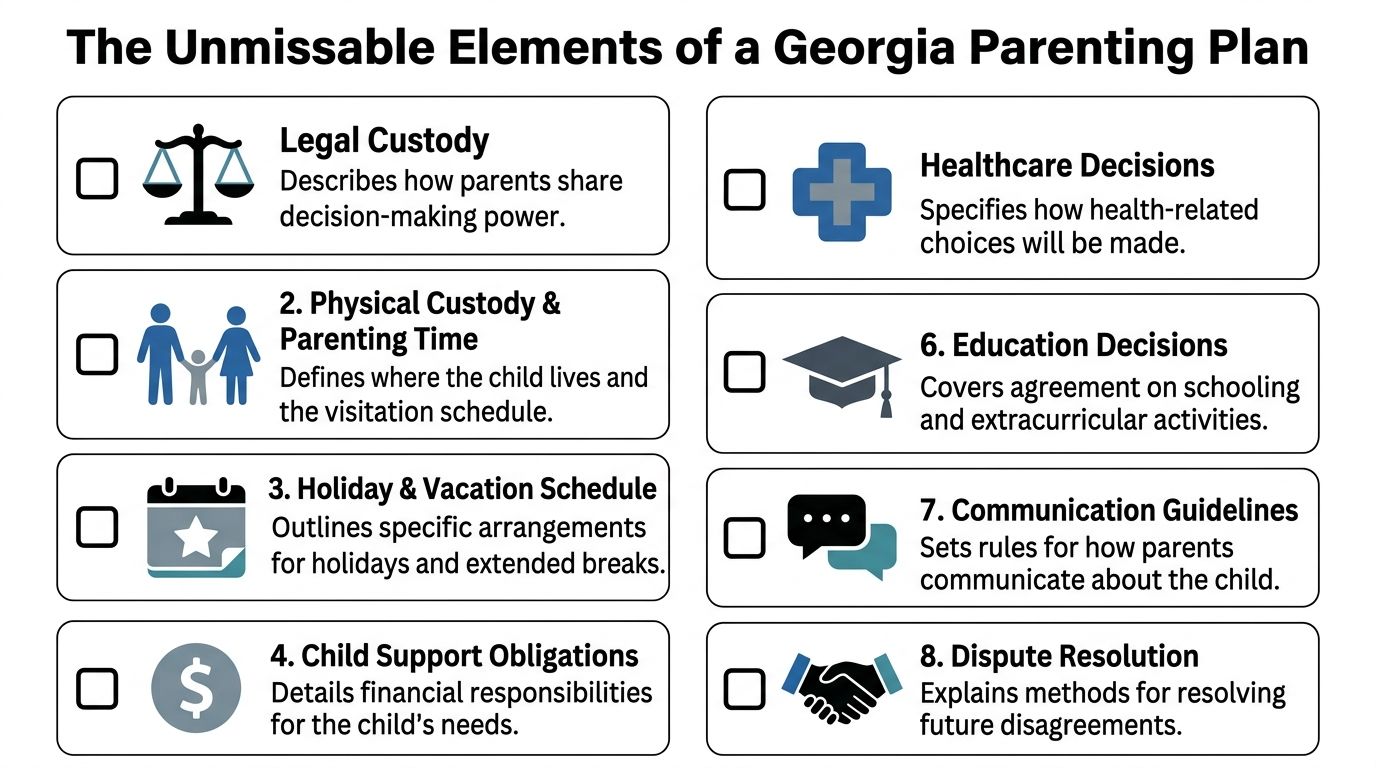 An infographic titled The Unmissable Elements of a Georgia Parenting Plan listing eight essential legal components.