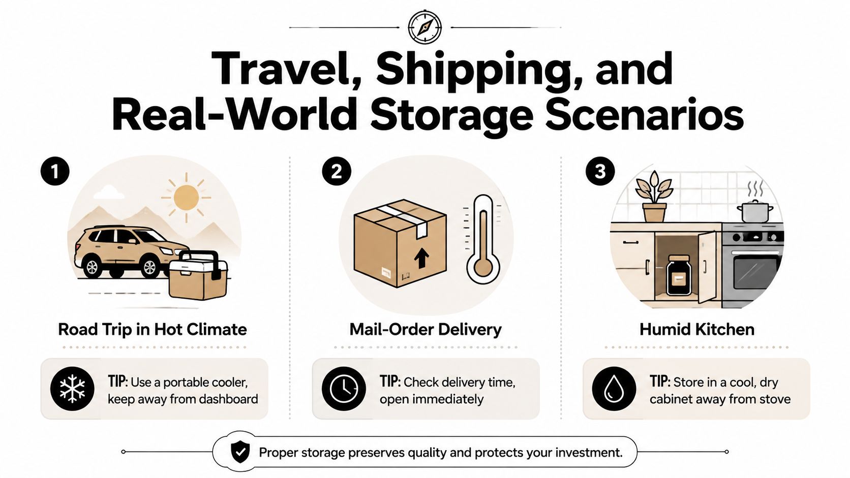 An infographic illustrating proper storage techniques for sensitive products during travel, shipping, and in humid kitchens.