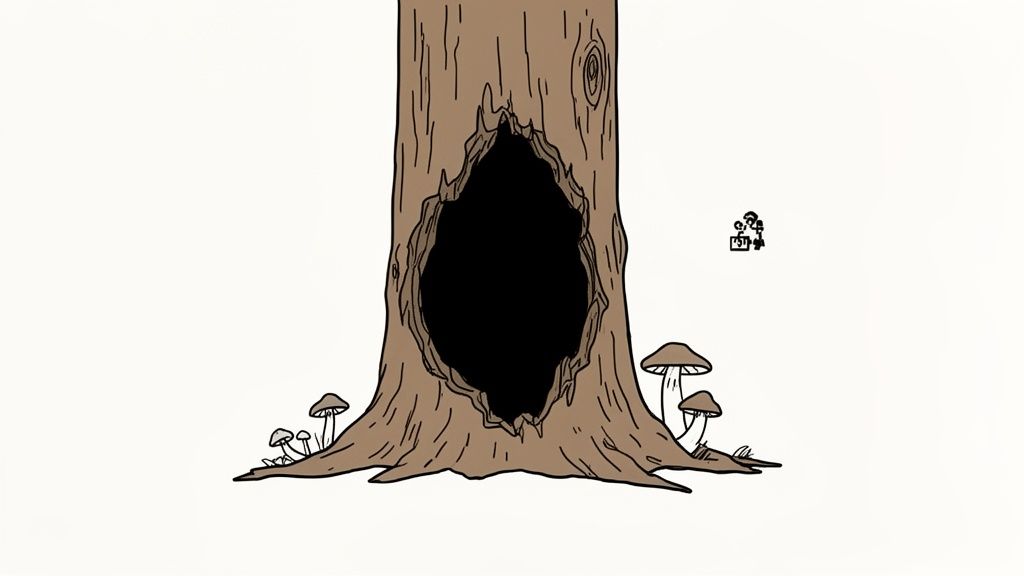 A cartoon drawing of a brown tree trunk with a large, dark hollow and several mushrooms.