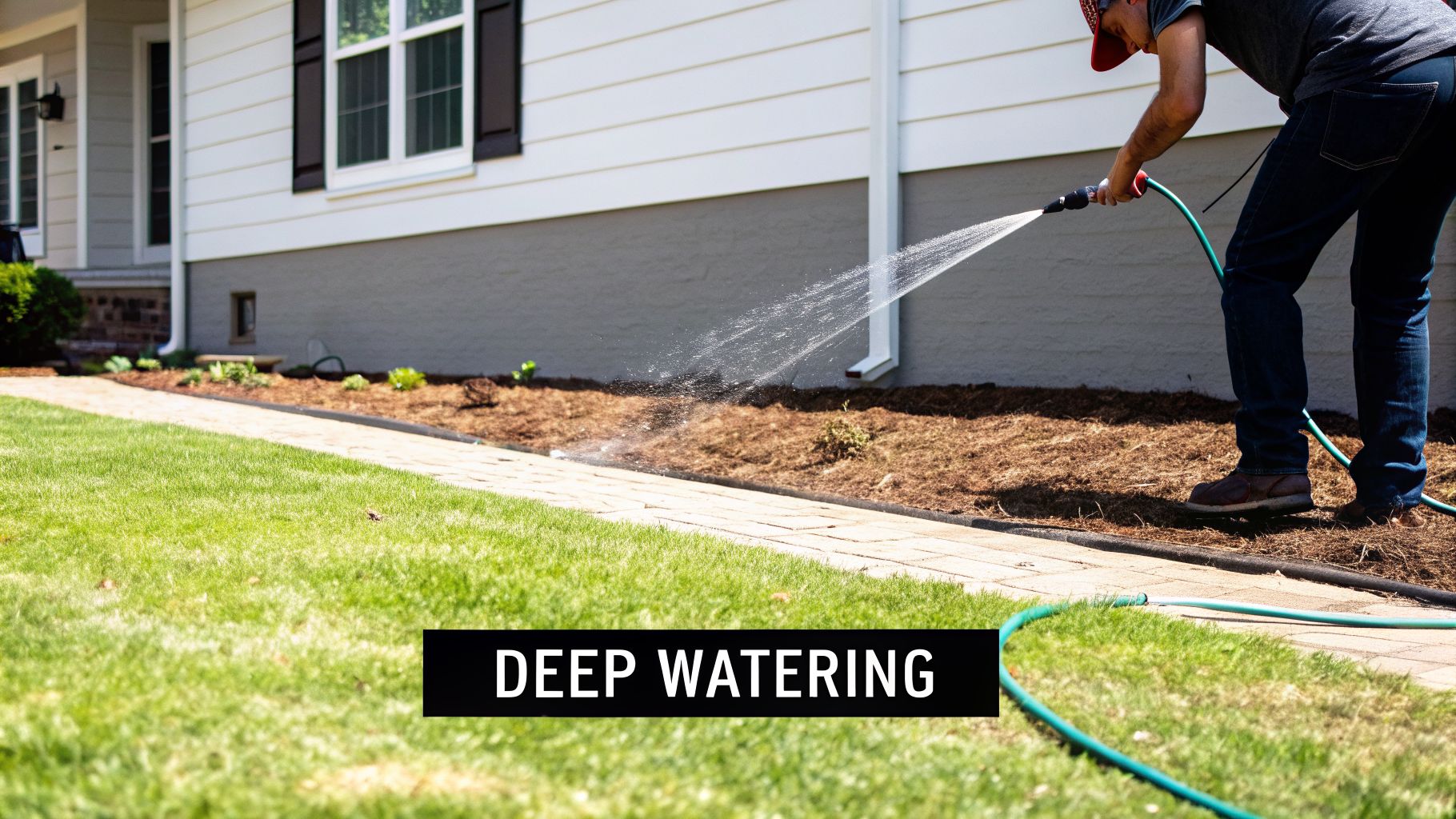 A person waters a mulched garden bed with a hose next to a house and green lawn.