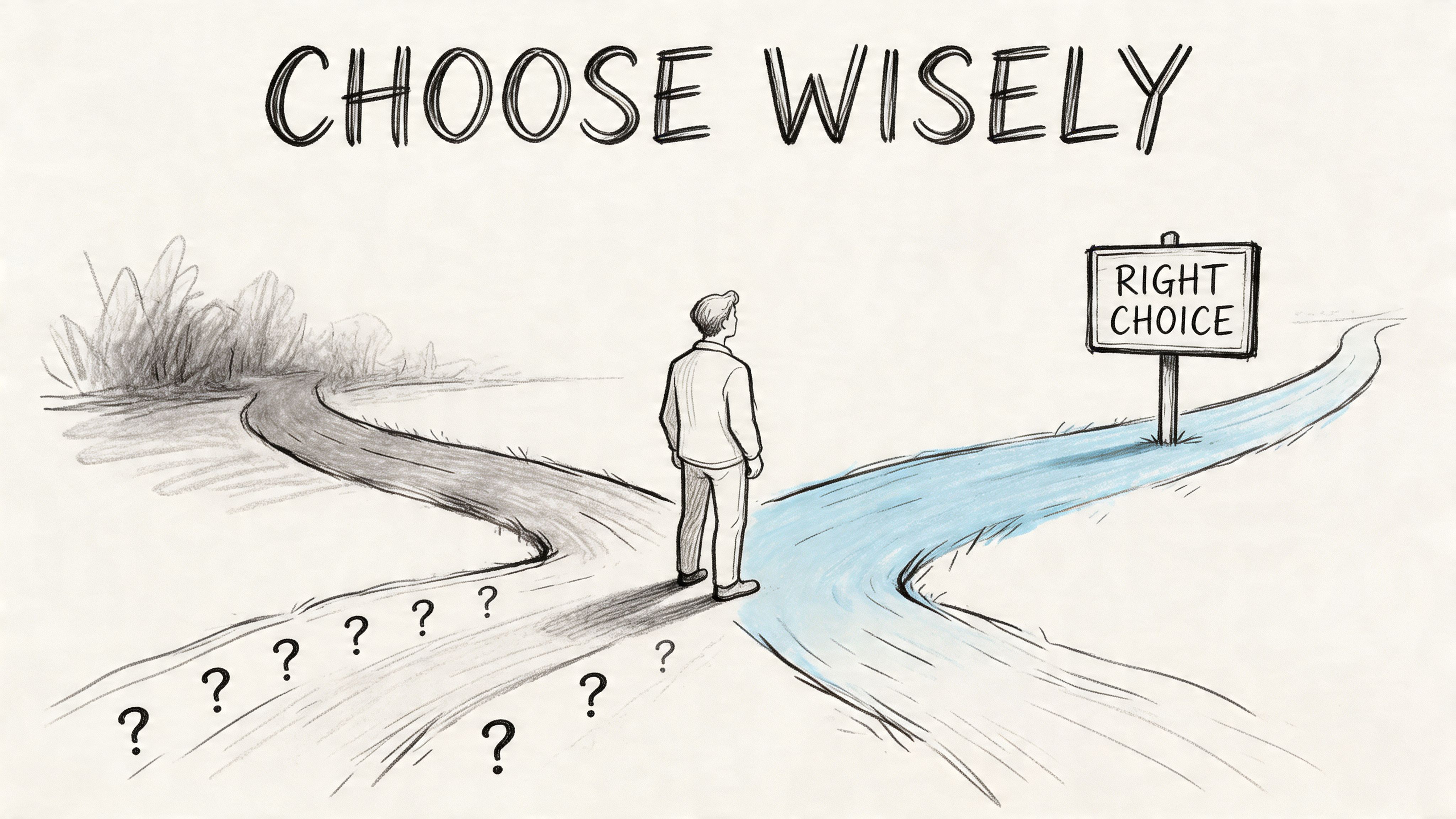 A conceptual illustration of a person standing at a fork in the road contemplating a choice.