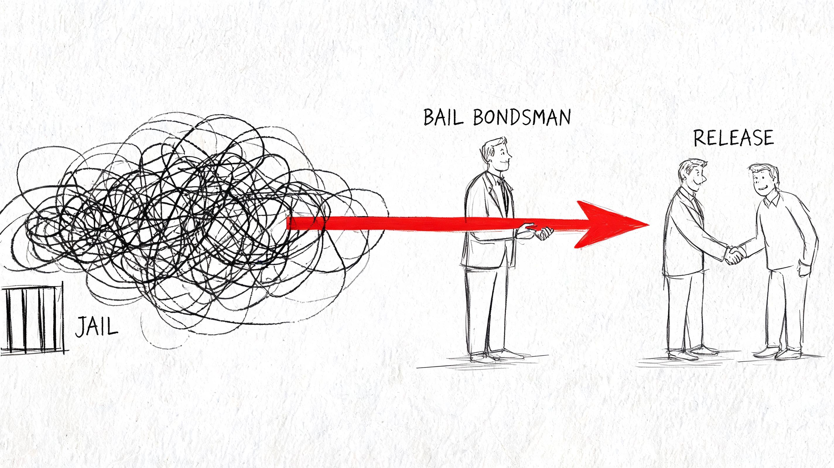 A conceptual illustration showing a tangled mess coming from jail, transitioning through a bail bondsman to freedom.