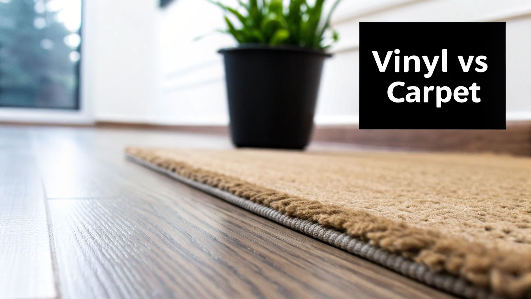 A close-up of a light brown rug on a wooden vinyl floor with a potted plant and 'Vinyl vs Carpet' text.