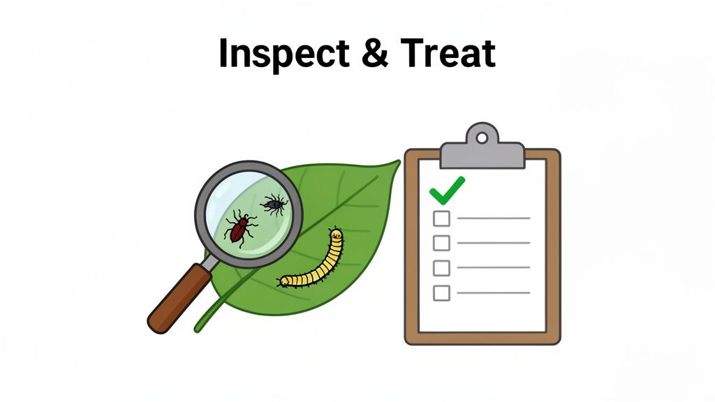 A magnifying glass inspects pests on a leaf with a beetle and caterpillar, next to a checked checklist.