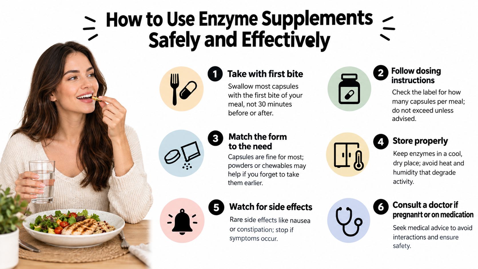 A helpful infographic showing six safety tips for using digestive enzyme supplements effectively during your daily meals.