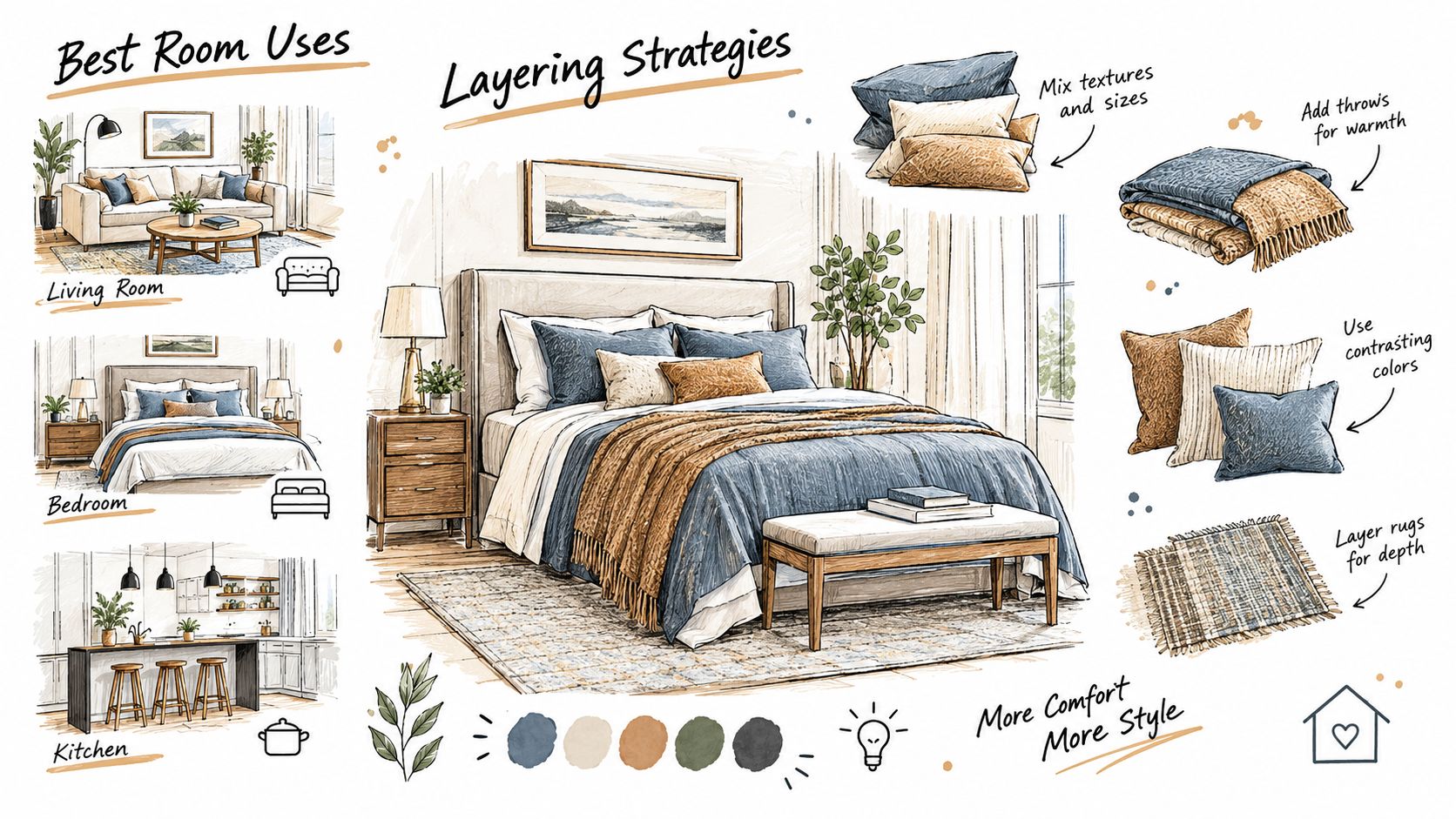 A detailed interior design illustration showcasing furniture, textile layering techniques, and color palettes for various rooms.