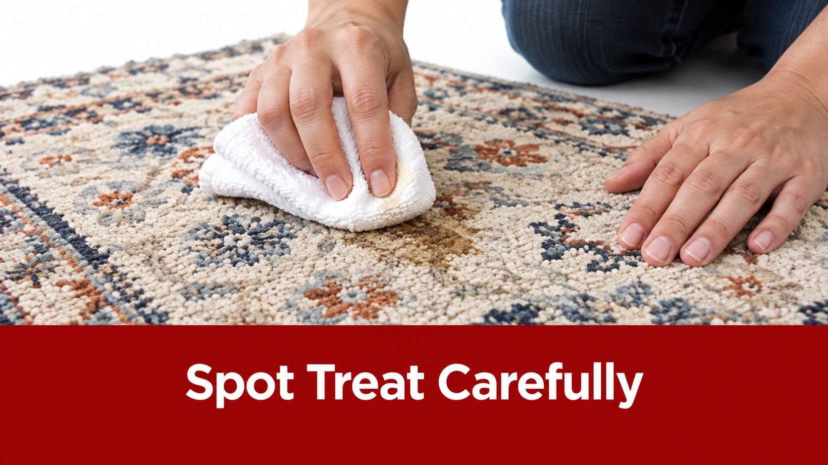 A close-up view of a person using a white cloth to carefully spot clean a stain on a patterned rug.