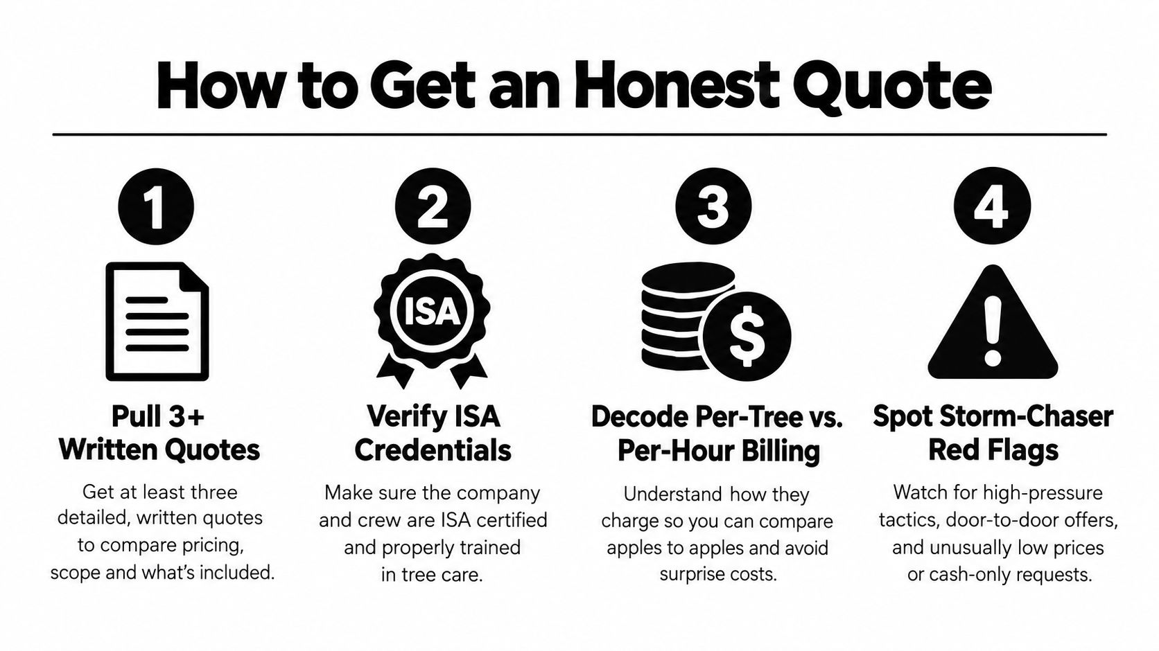 A guide infographic showing four numbered steps to obtain an honest tree care pricing quote.