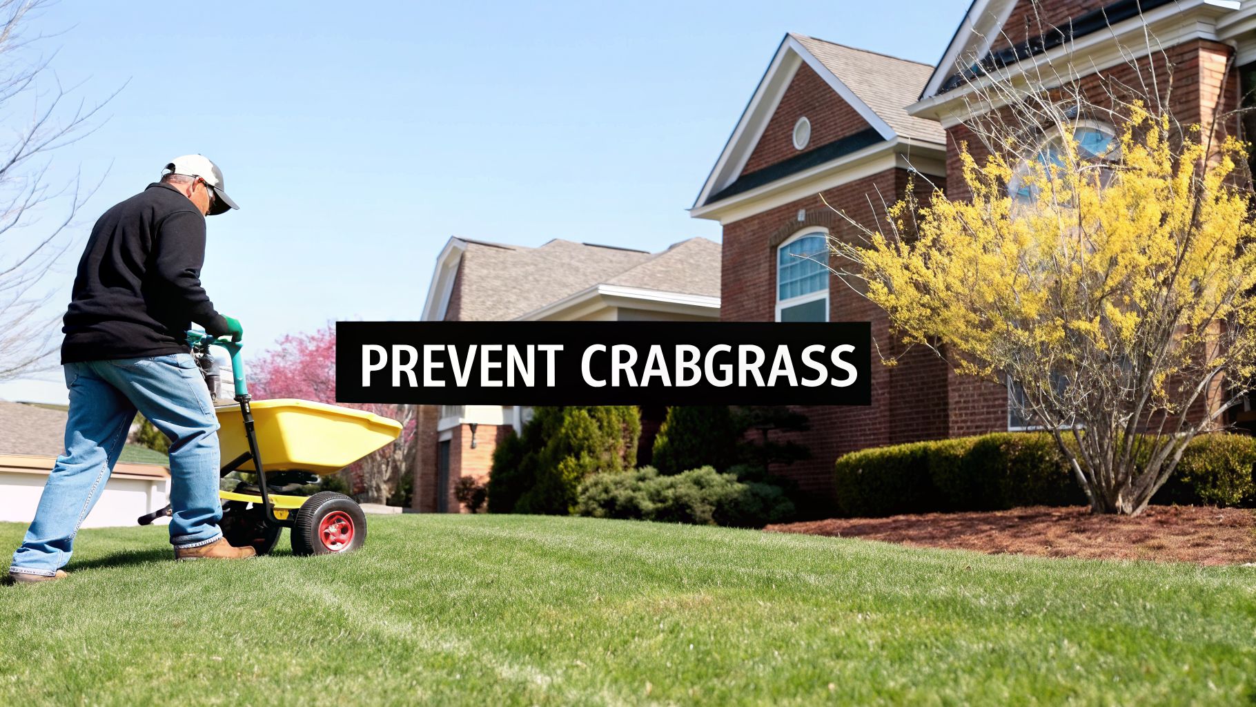 Man applies crabgrass preventer to a lush green lawn in front of suburban houses.
