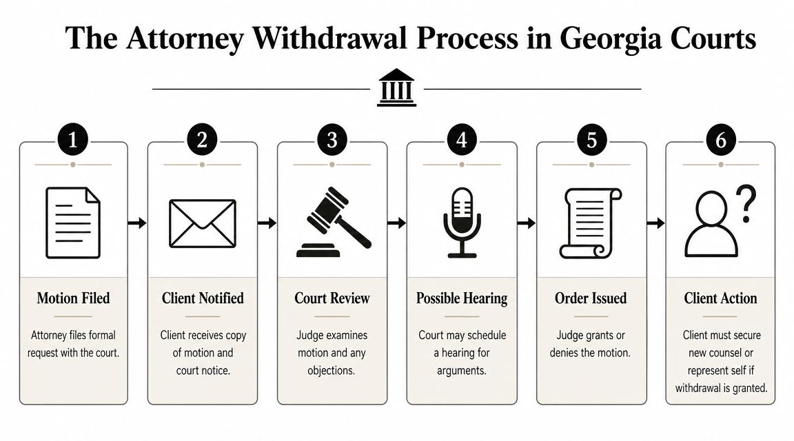 A flow chart illustrating the six steps of the attorney withdrawal process in Georgia courts.