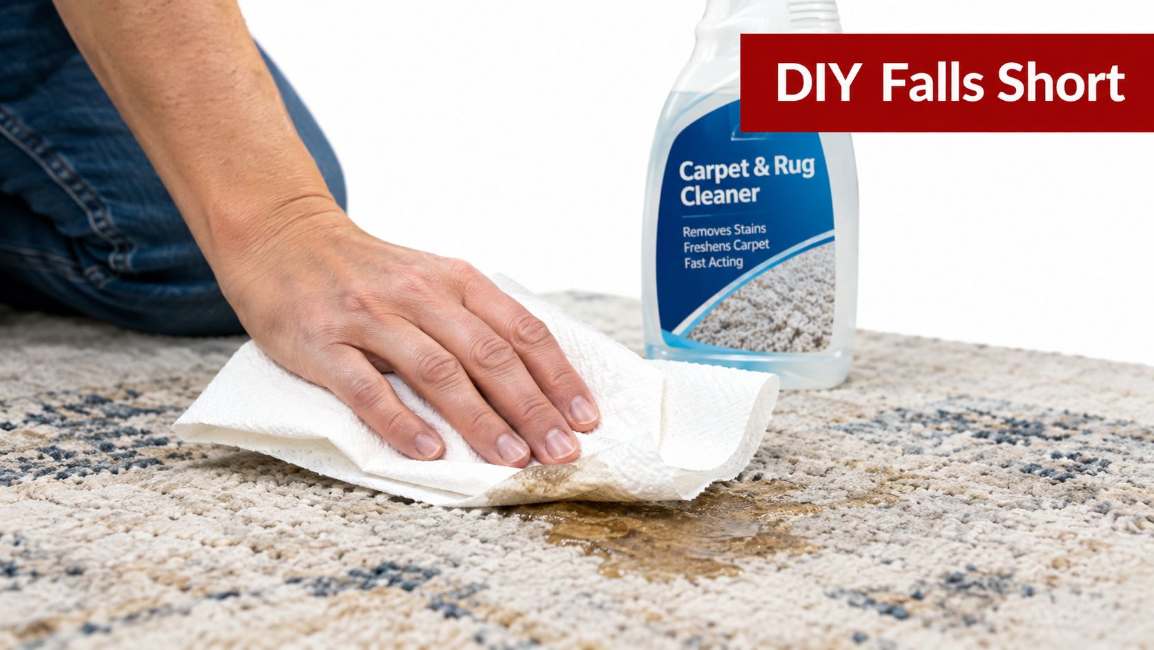 A person kneeling on a carpet attempting to clean a large pet stain with a paper towel.