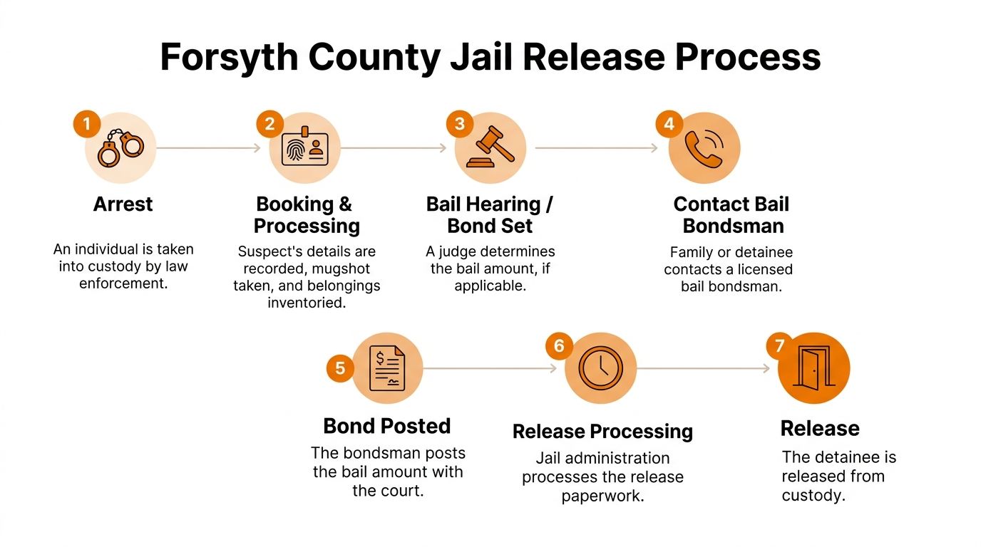 A flowchart detailing the seven steps of the Forsyth County jail release process, from arrest to release.