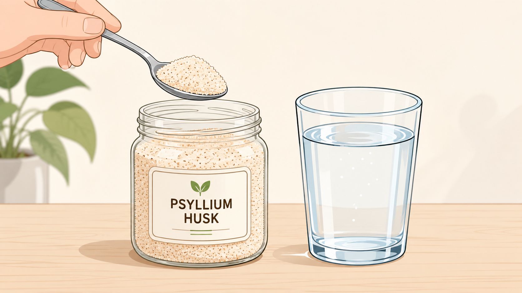 A hand holding a spoonful of psyllium husk powder over a jar next to a glass of water.