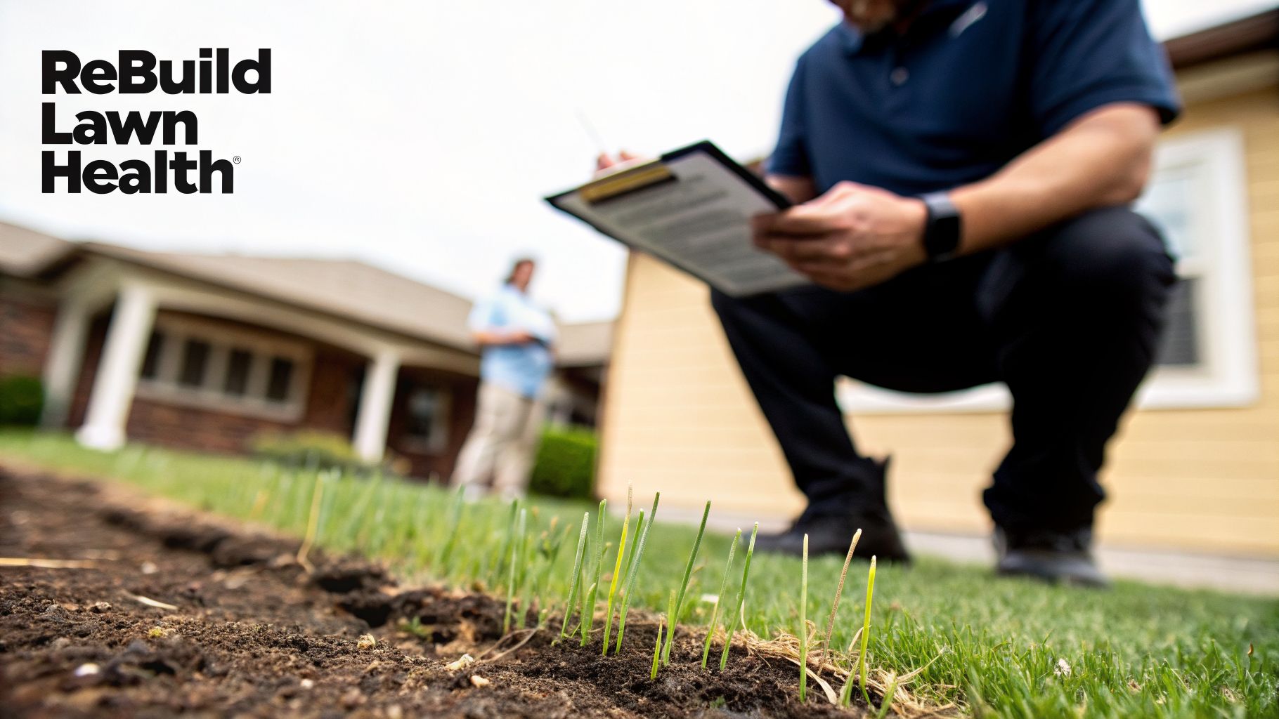 Lawn care professional inspecting new grass sprouts and soil, working to rebuild lawn health.