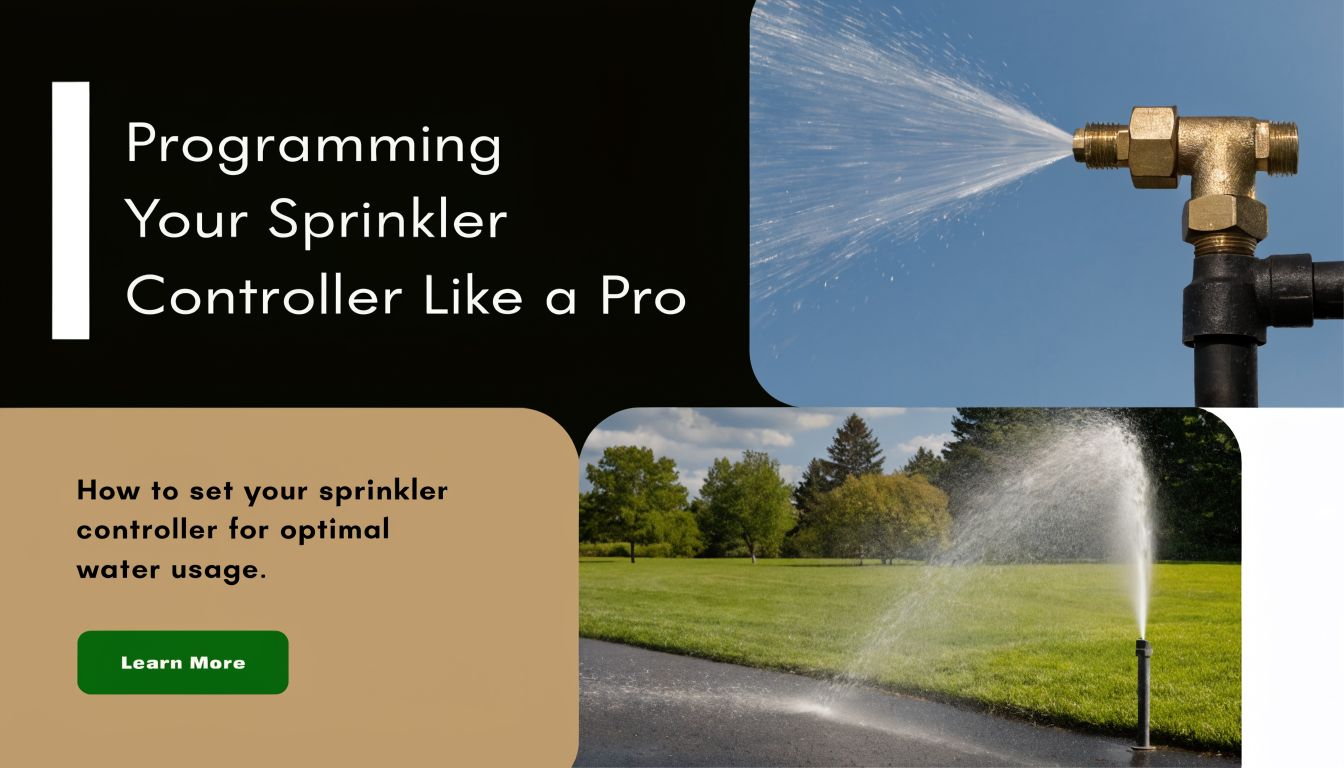 A sprinkler spraying water in a garden, with text instructions on how to optimize watering schedules.