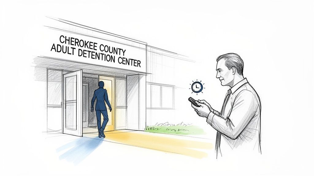 A man checks his phone outside the Cherokee County Adult Detention Center, as another man enters.