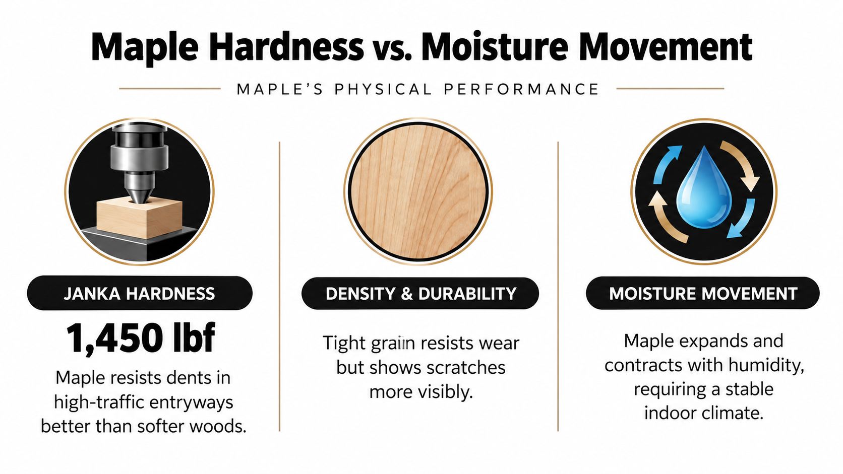 An infographic detailing the physical properties of maple wood, including its Janka hardness rating and moisture sensitivity.