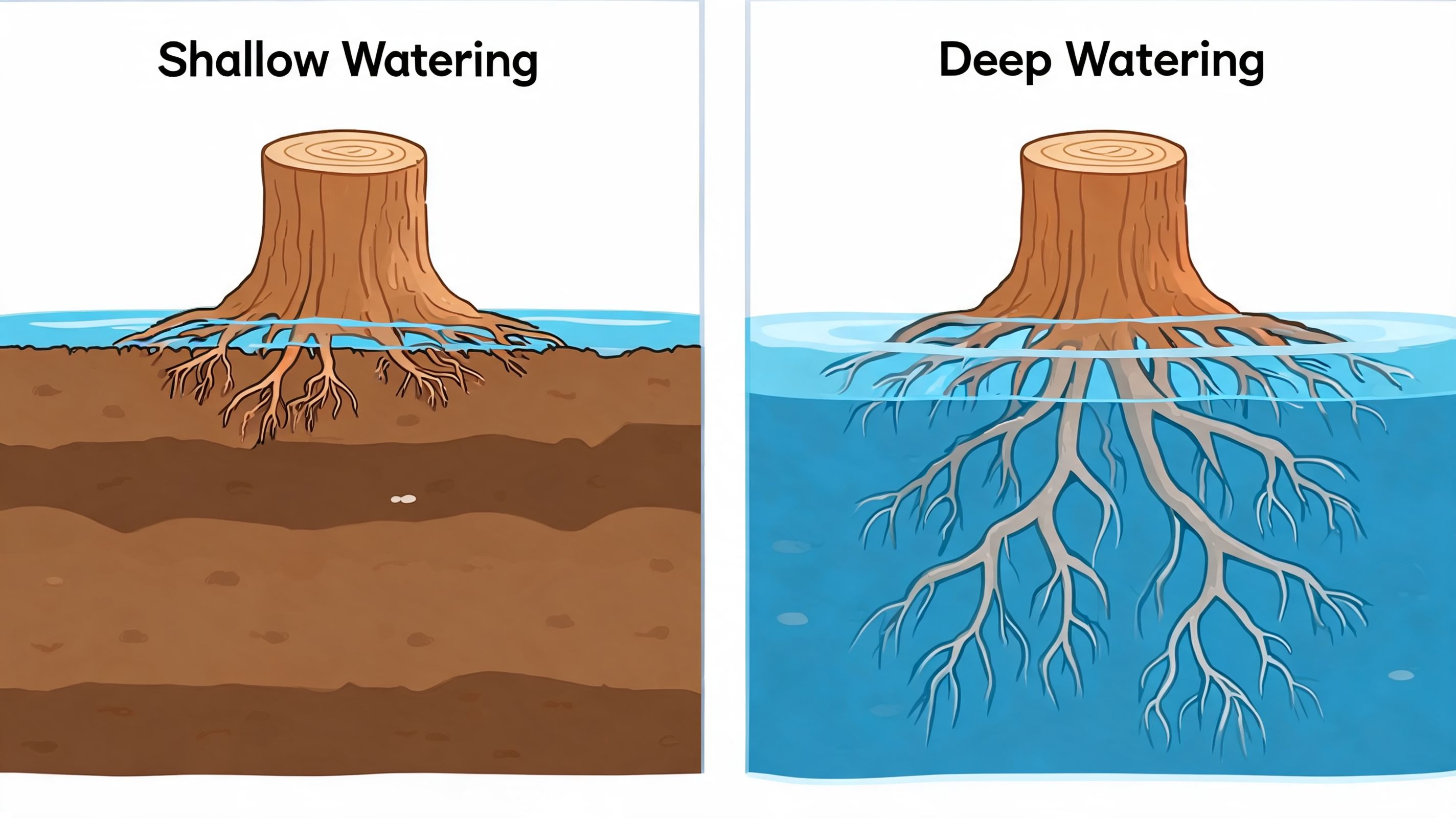 A diagram comparing shallow watering and deep watering techniques for tree root development and health.