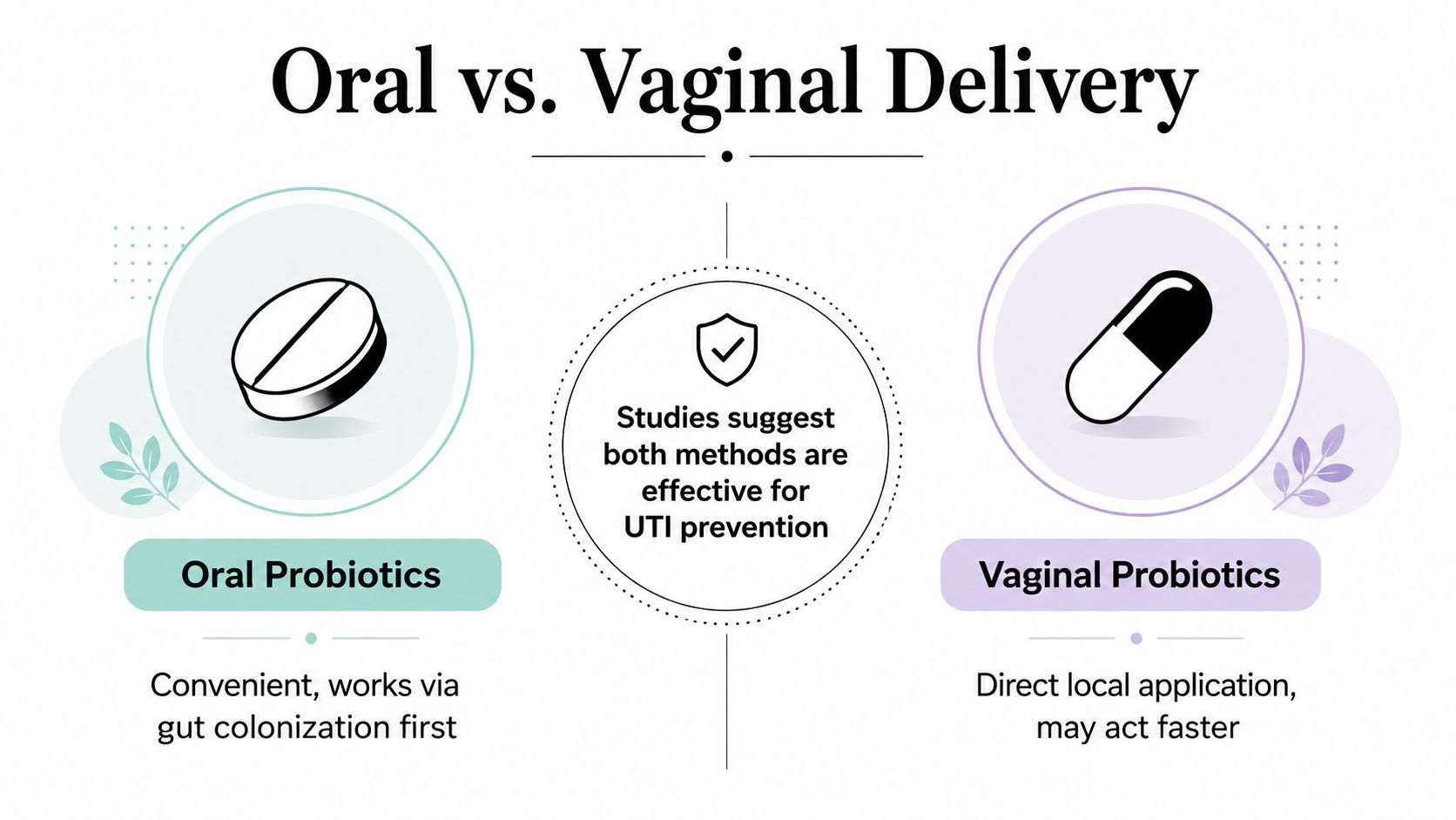 A comparison infographic showing oral probiotics versus vaginal probiotics for effective UTI prevention and treatment methods.