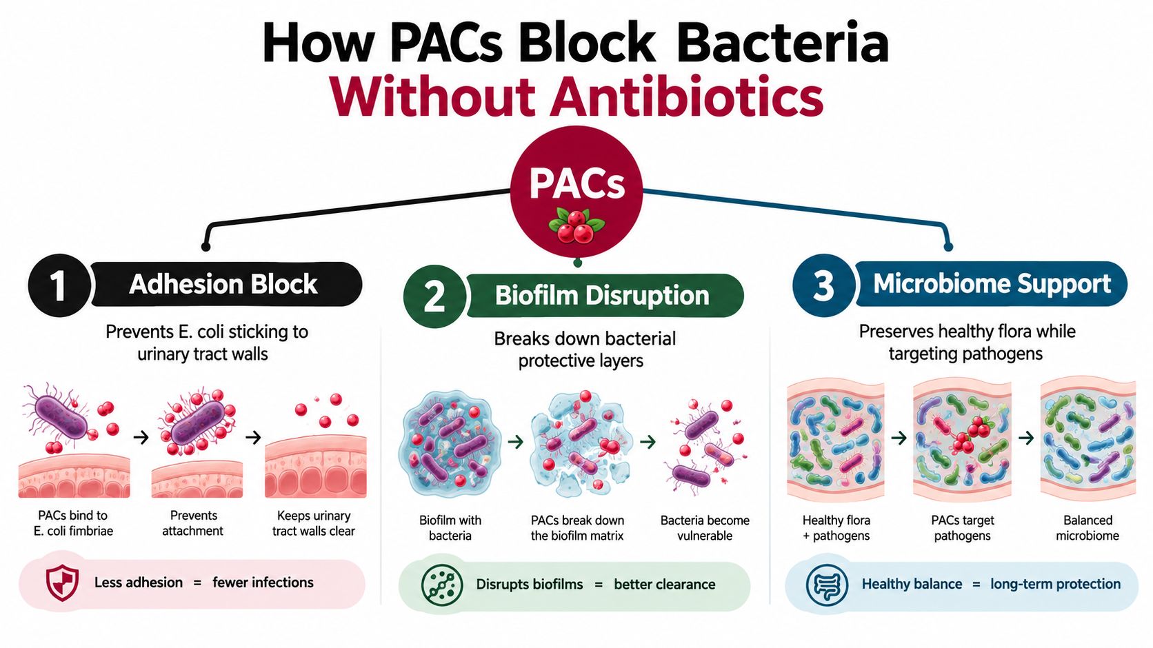 An infographic showing how PACs from cranberries prevent infections by blocking adhesion, disrupting biofilms, and supporting the microbiome.