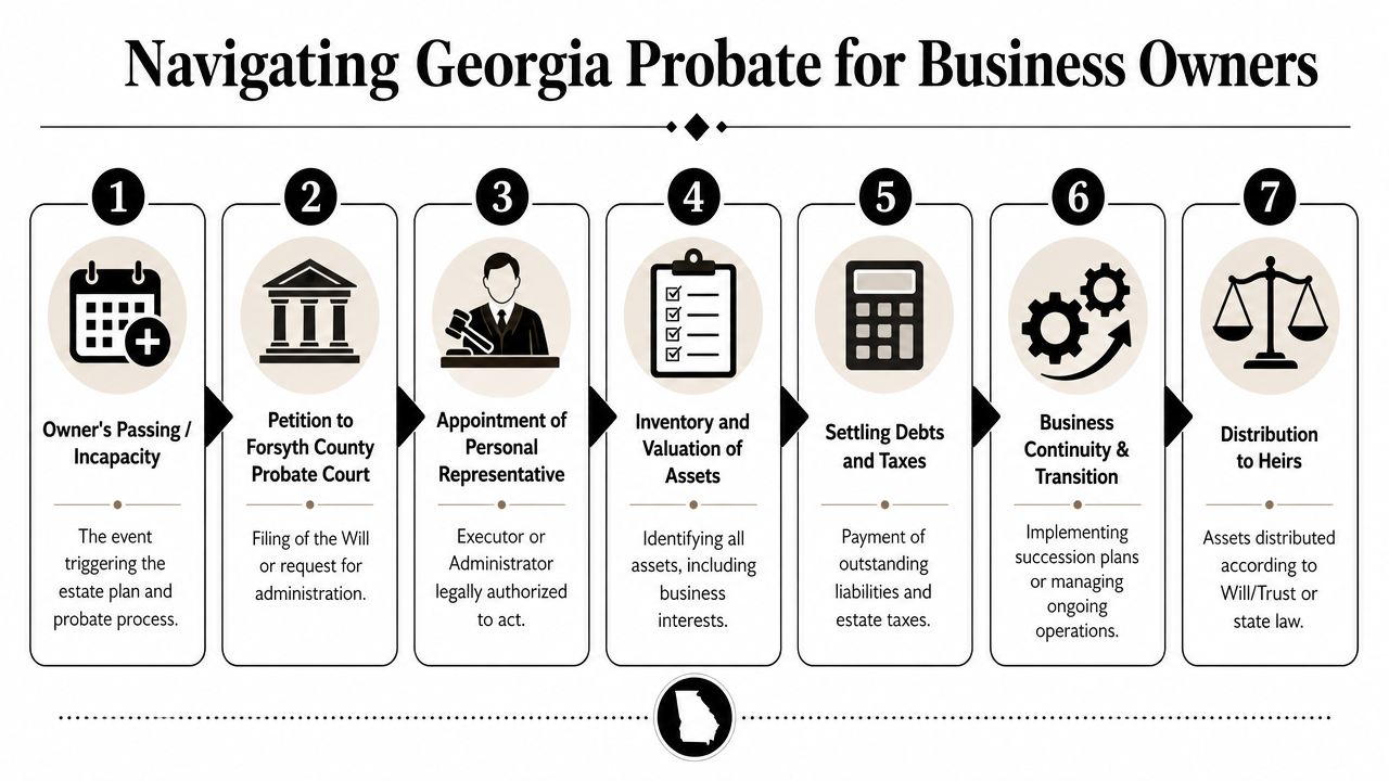 A seven-step flowchart illustrating the Georgia probate process for business owners from passing to asset distribution.