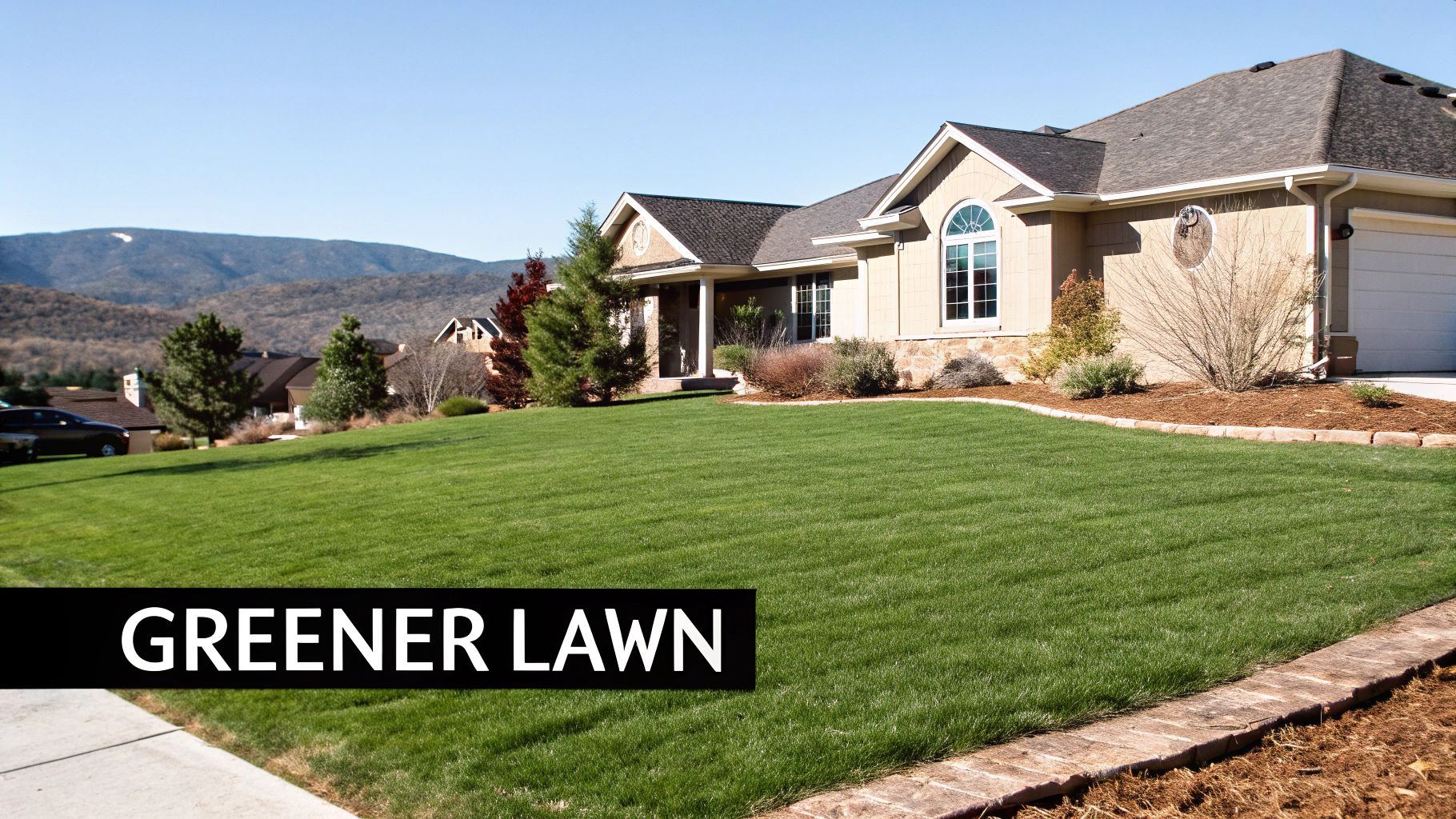 A residential house with a vibrant green lawn and distant mountains under a clear blue sky.
