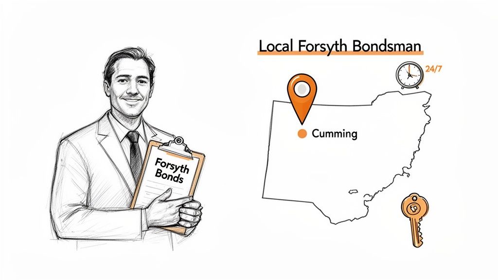 A sketch of a man holding a clipboard for Forsyth Bonds, showing local services in Cumming, available 24/7.