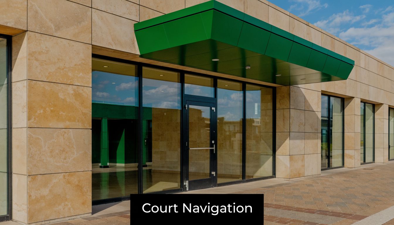 A modern commercial building exterior featuring tan stone facade panels and a prominent green metal entryway awning.