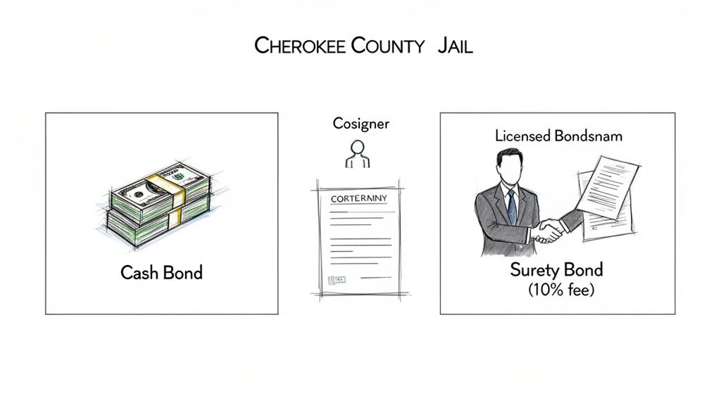 An illustration comparing bail bond options at Cherokee County Jail: cash bond, cosigner, and surety bond with a 10% fee.