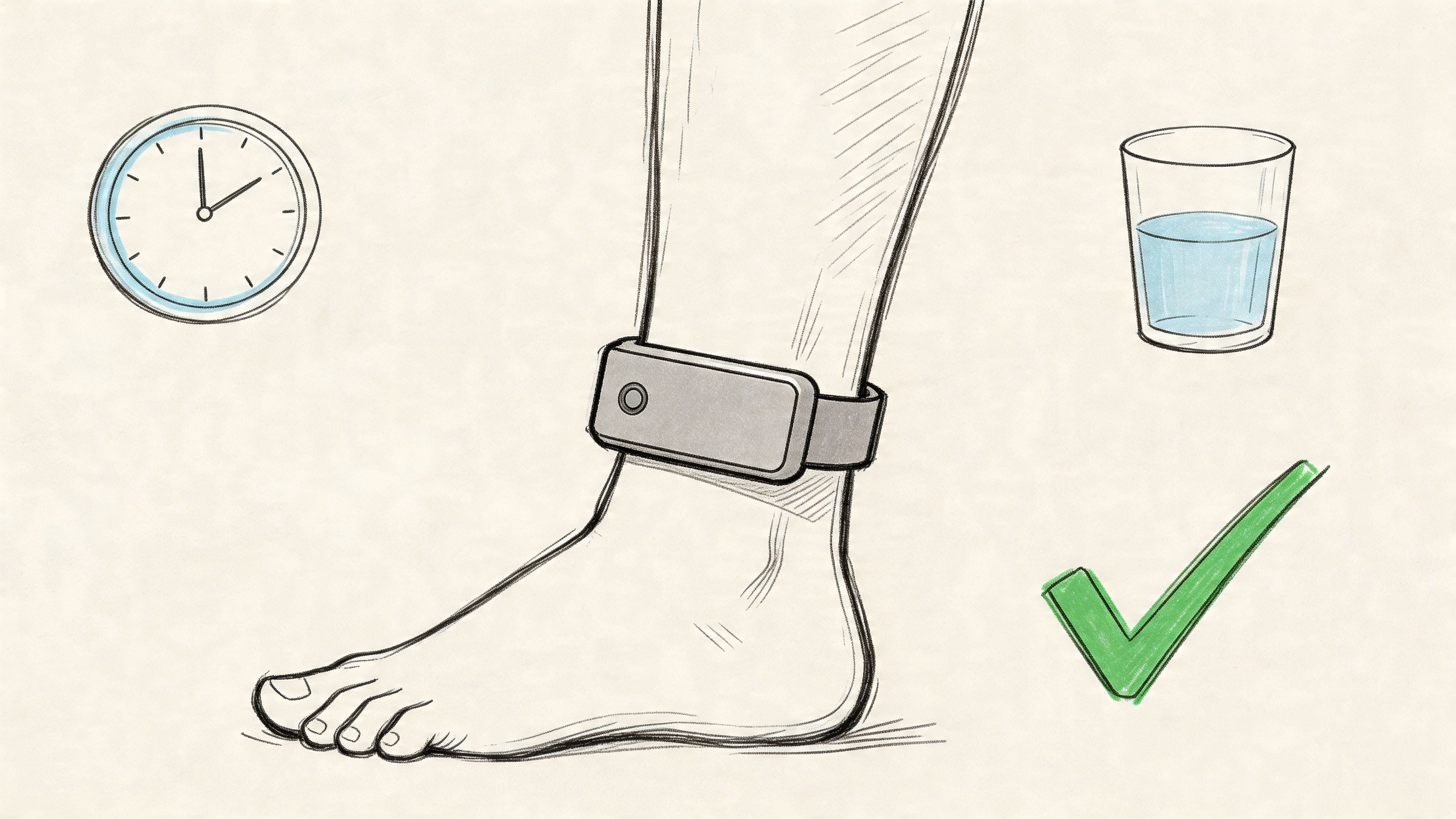 A line drawing illustration showing a leg wearing an alcohol detection ankle monitor, a clock, and water.