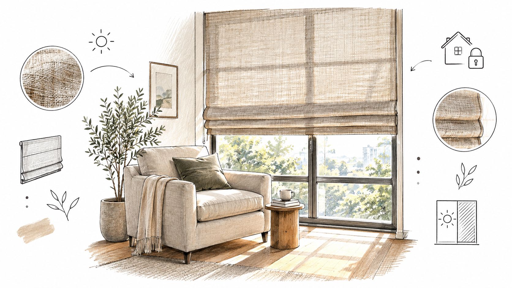 A cozy living room corner featuring a comfortable armchair, a potted plant, and natural linen roman shades.