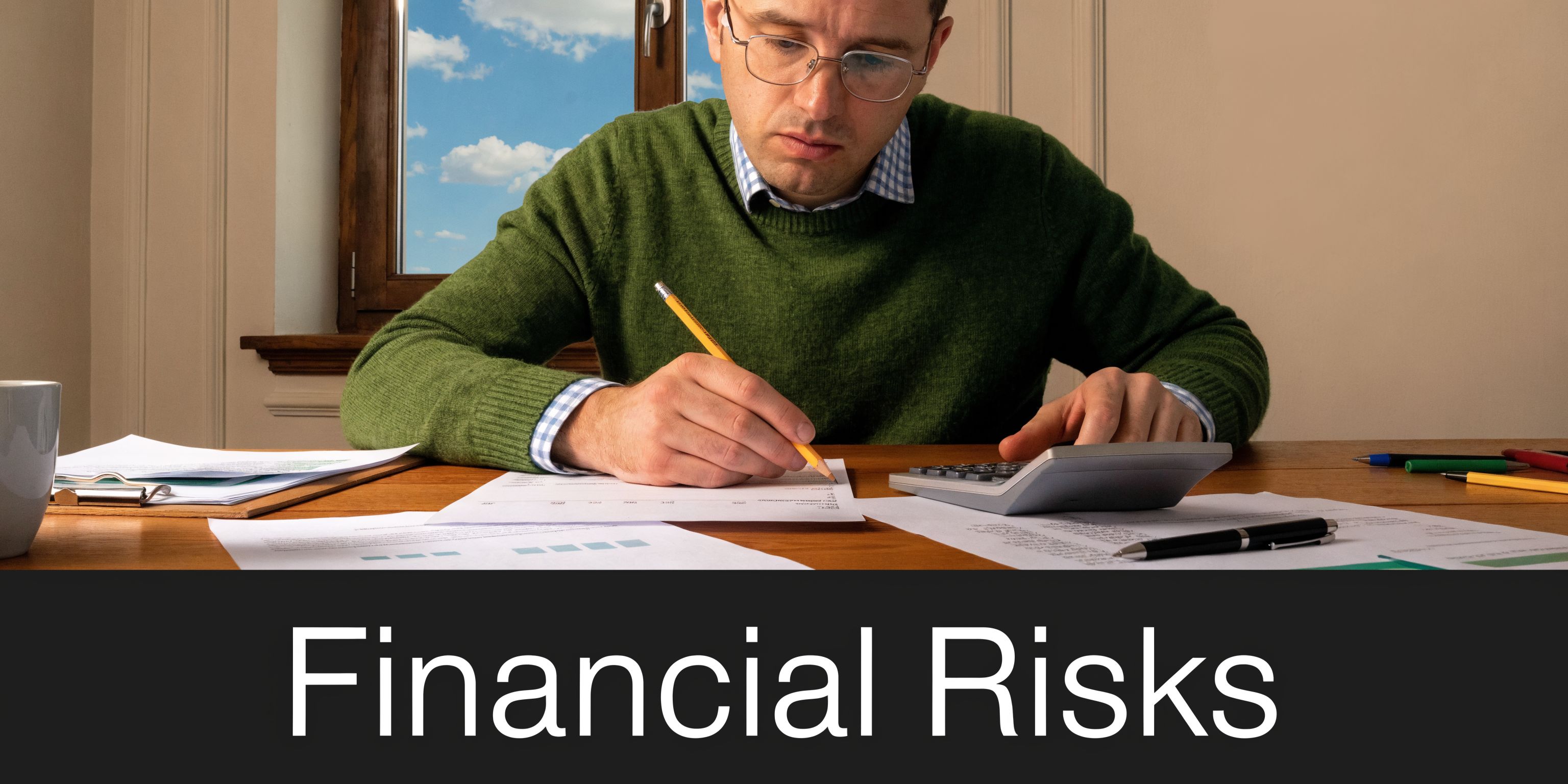 A man in a green sweater working at a wooden desk with documents and a calculator