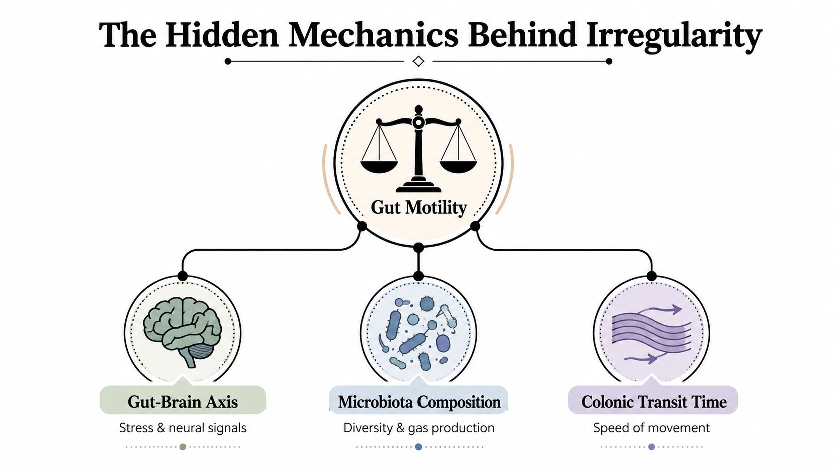 A diagram illustrating factors affecting gut motility, including the gut-brain axis, microbiota composition, and colonic transit time.