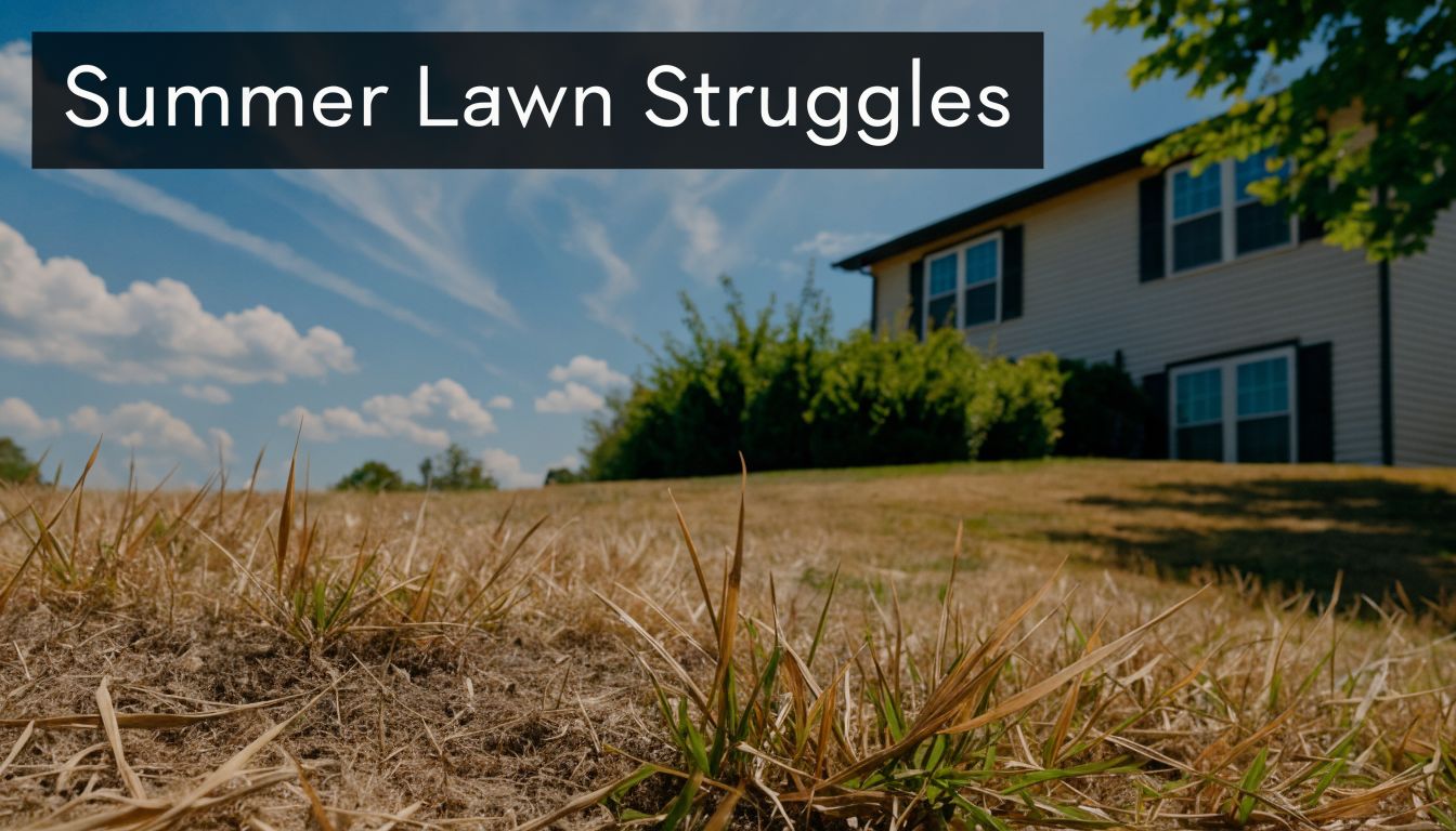 A dry and yellowed lawn in front of a house on a sunny summer day.