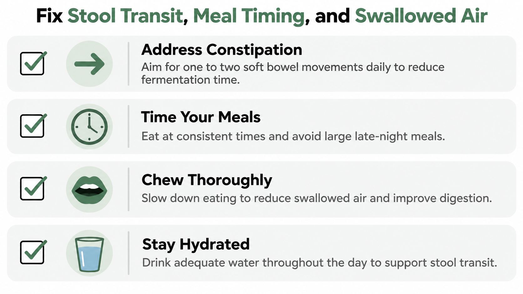An infographic titled Fix Stool Transit, Meal Timing, and Swallowed Air listing four healthy digestion habits.