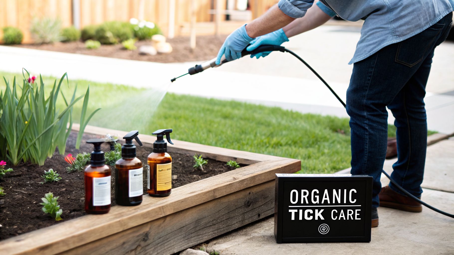 A person in blue gloves sprays a garden bed with a hose, next to organic tick care products and a sign.