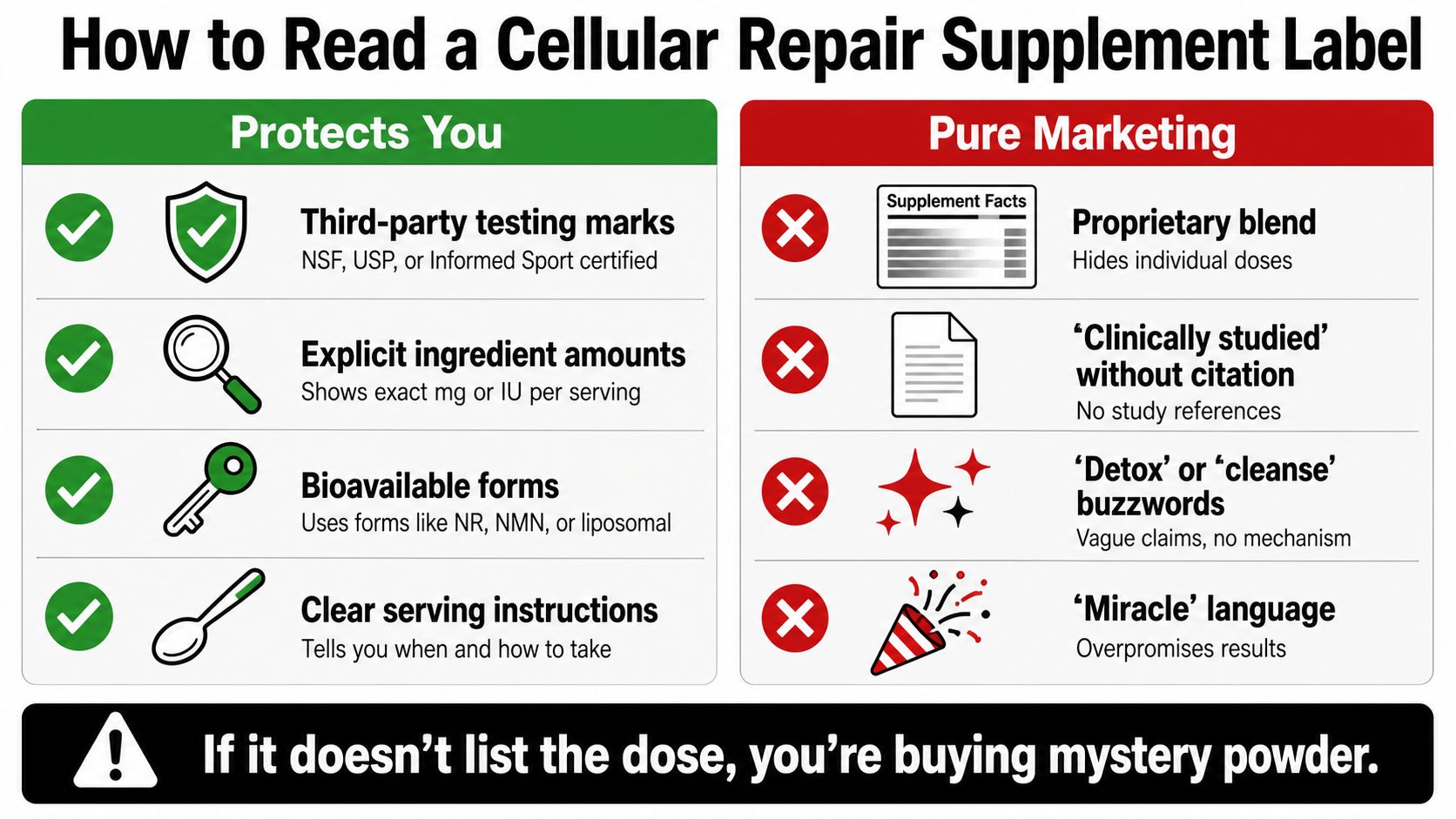 An infographic comparing indicators of quality versus misleading marketing practices on cellular repair supplement product labels.