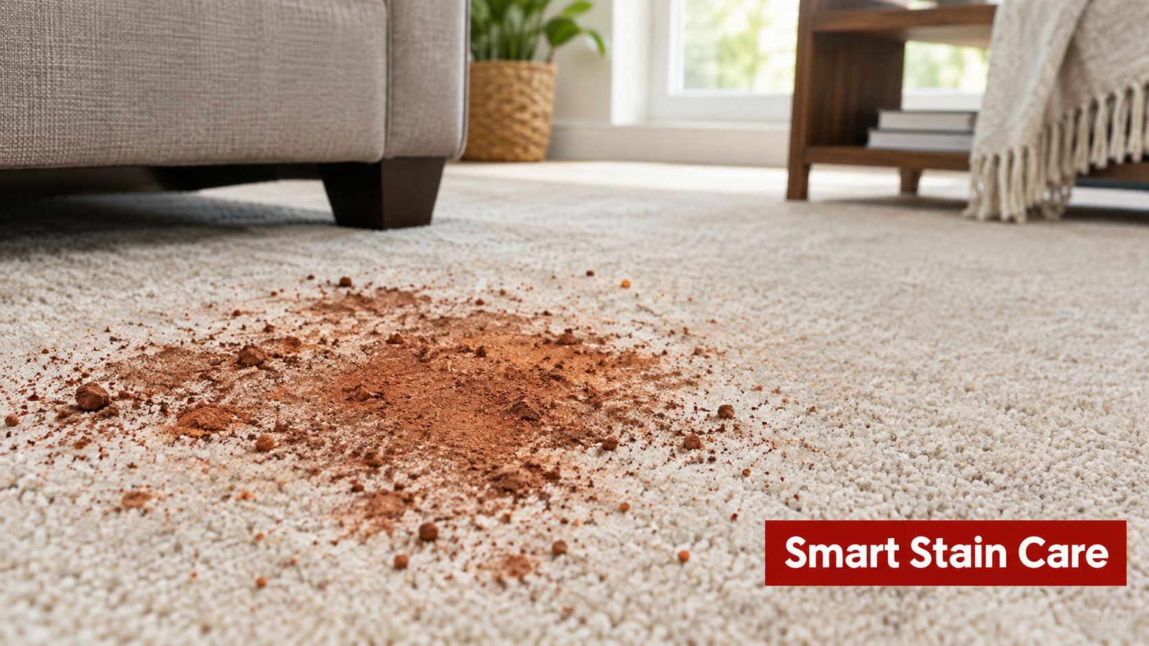 A close-up view of a brown powdery stain on light-colored carpet in a living room setting.