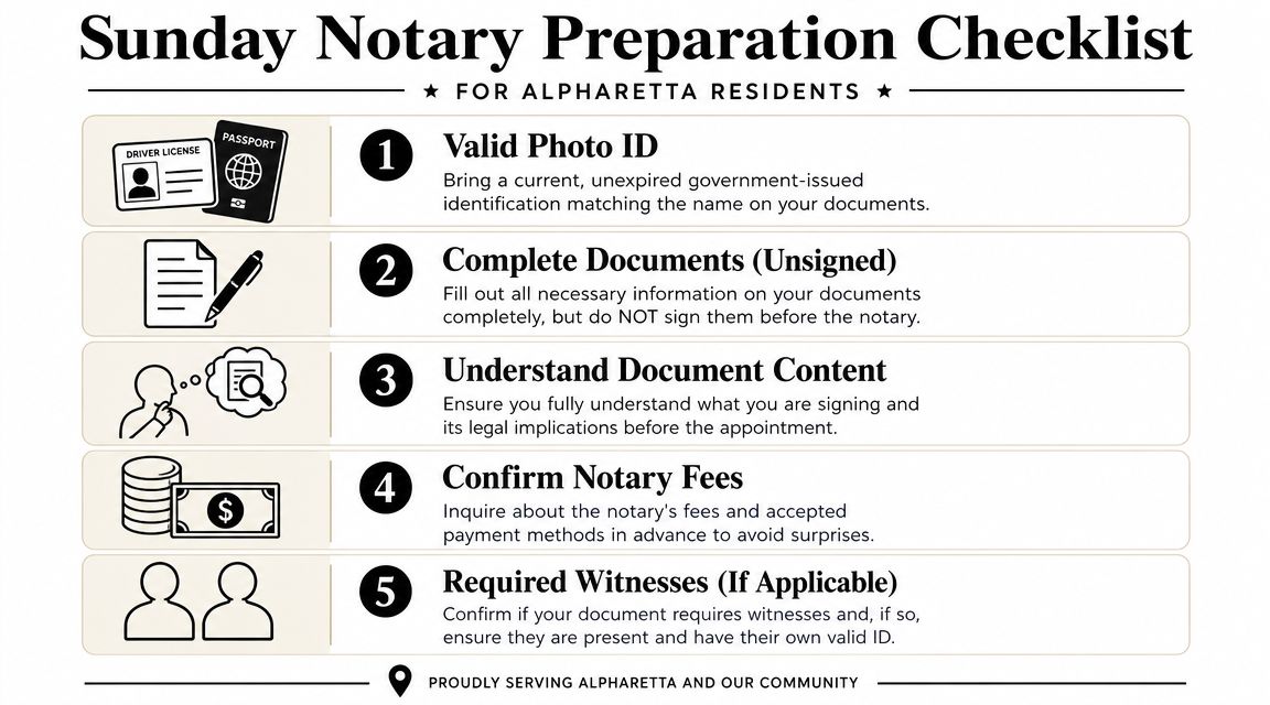 A checklist for Alpharetta residents detailing five essential steps to prepare for a Sunday notary appointment.
