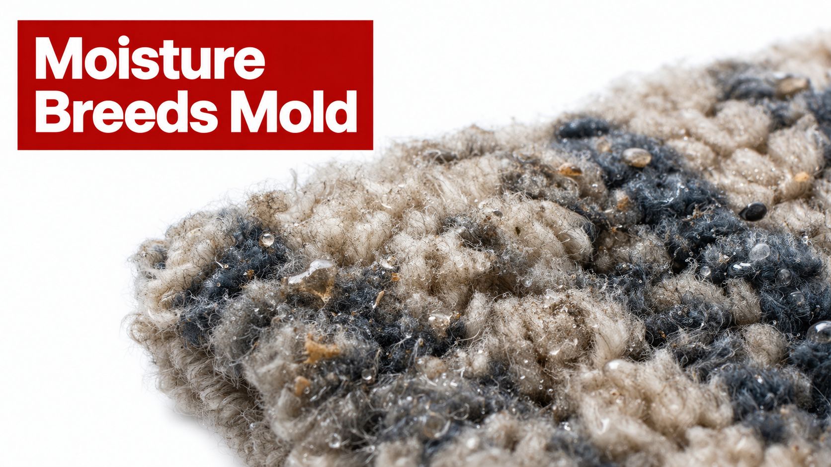 Close-up of wet carpet fibers with water droplets, highlighting the potential for mold growth and damage.