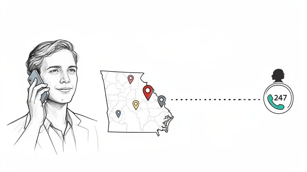 Man on phone call, Georgia map with location pins, and 24/7 customer service support icon.