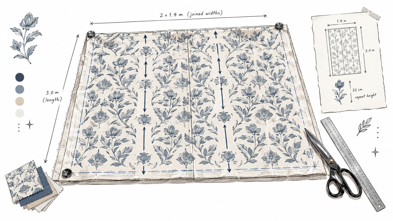 A detailed technical drawing showing the measurement and pattern alignment of fabric panels for custom drapes.
