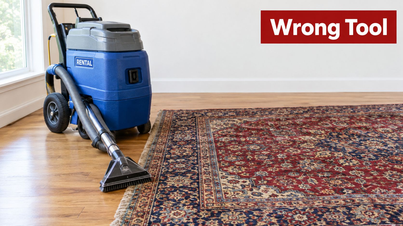 A carpet cleaning machine incorrectly positioned next to a delicate vintage area rug on wood flooring.