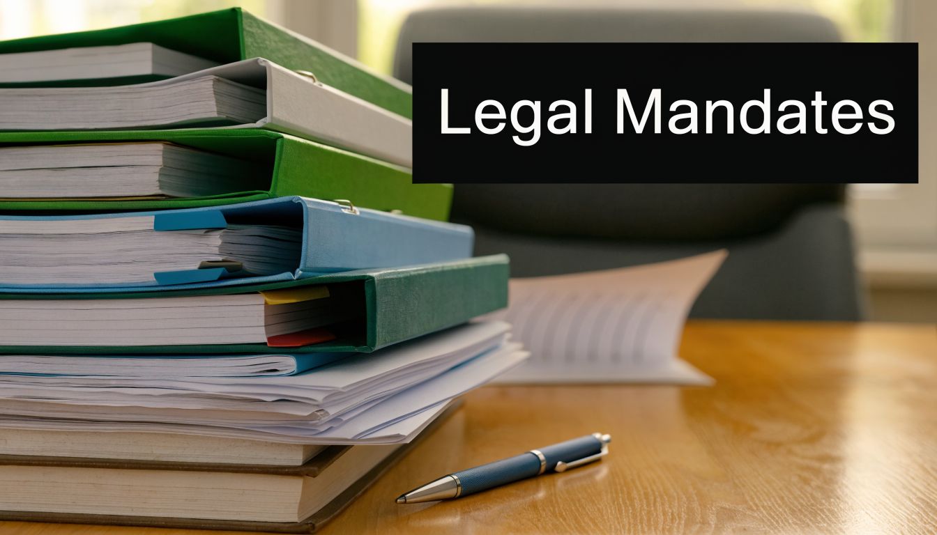 A stack of organized binders and legal documents sitting on a desk with a pen nearby.